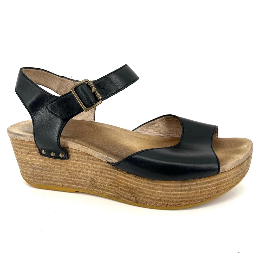 Dansko Women's 9.5 EU40 Black Leather Silvie Platform Wedge‎ Ankle Strap Sandal